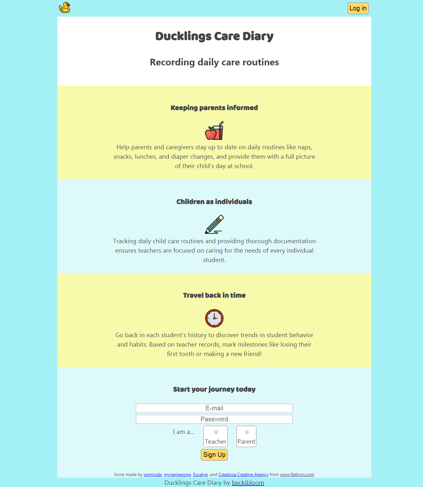 Ducklings Care Diary Landing Page